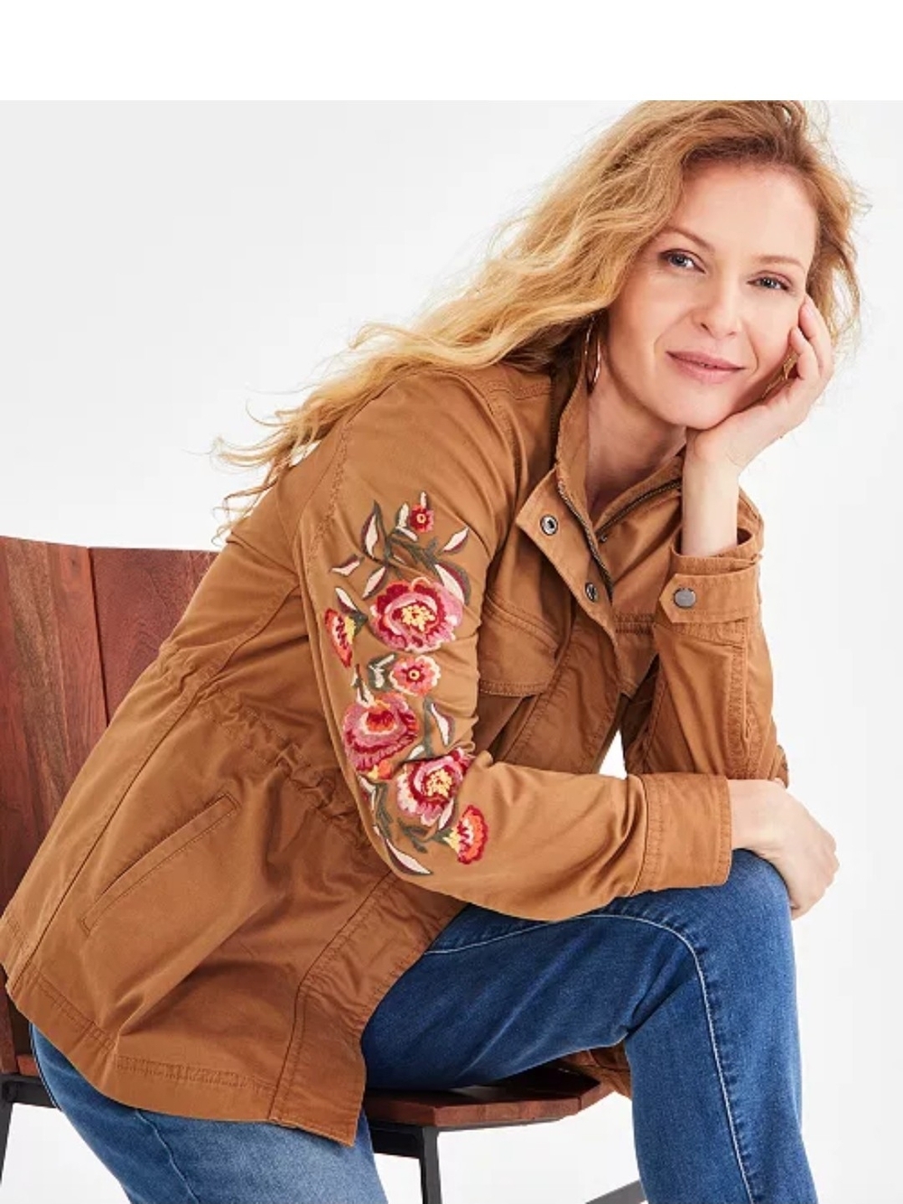 Style & Co. Tan Utility Jacket with Pink & Red Floral Embroidery